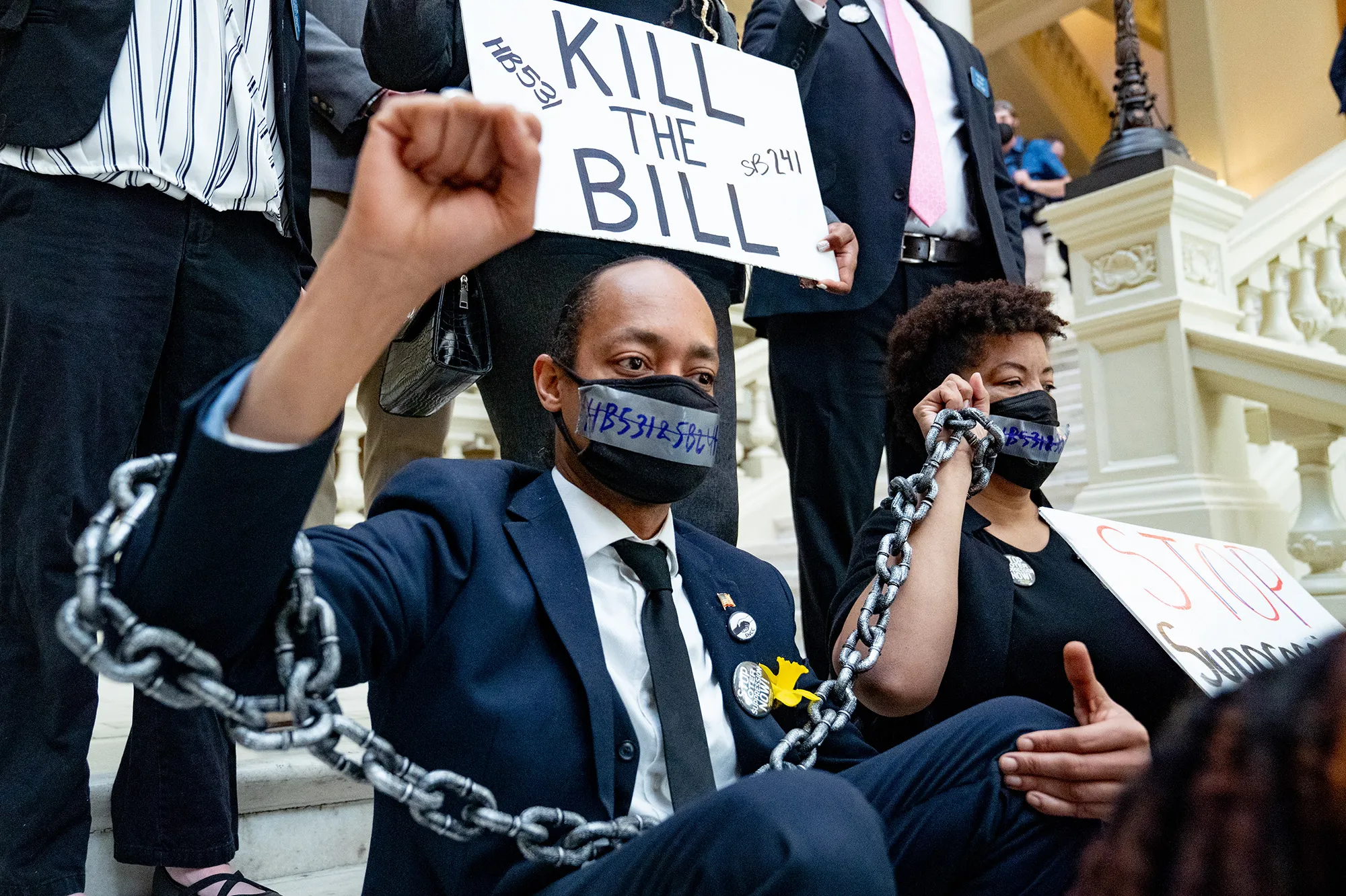 Demonstrators during a sit-in inside of the Georgia Capitol building in opposition of House Bill 531 on March 8.