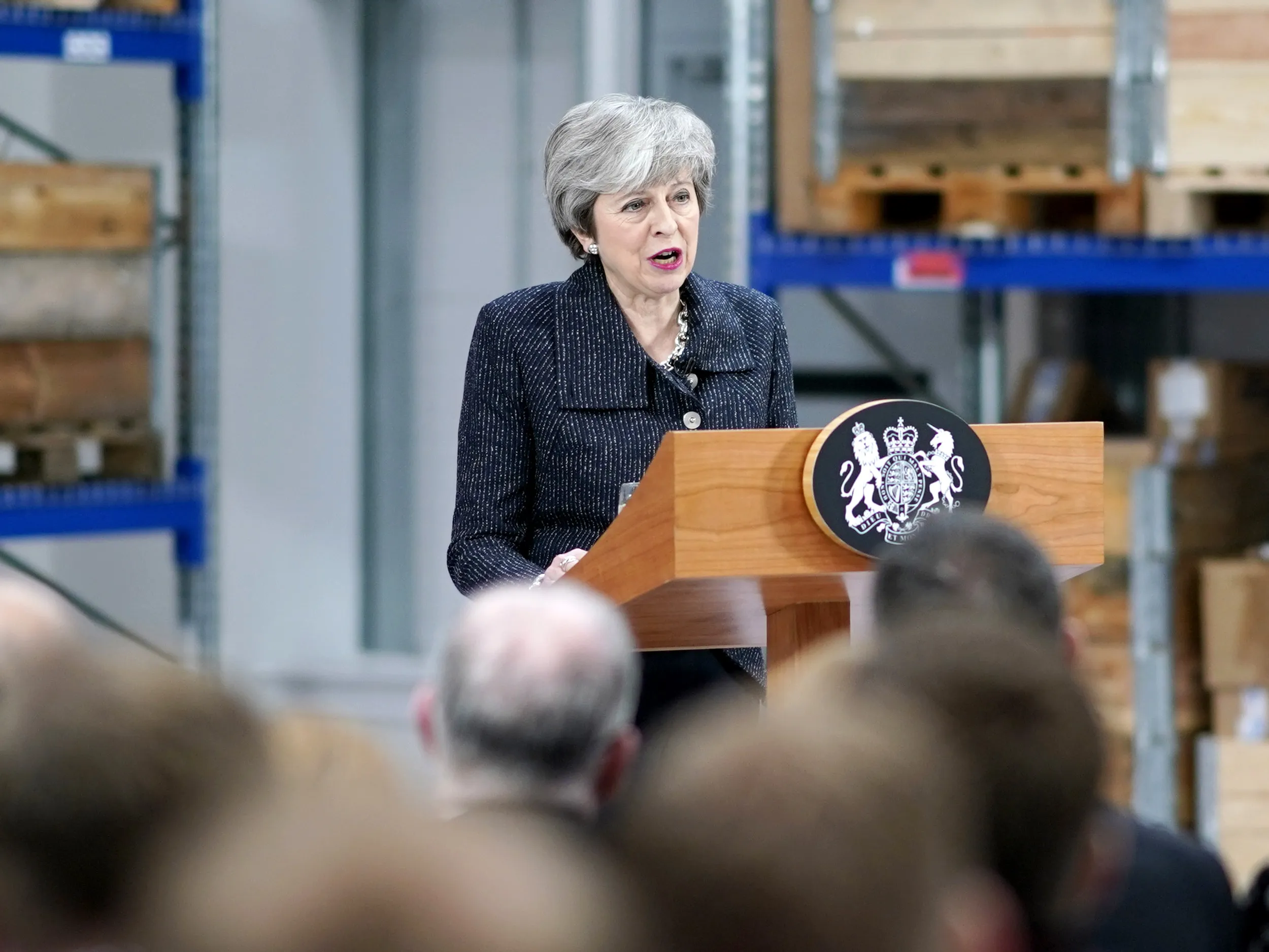 Theresa May speaks in Grimsby on March 8.
