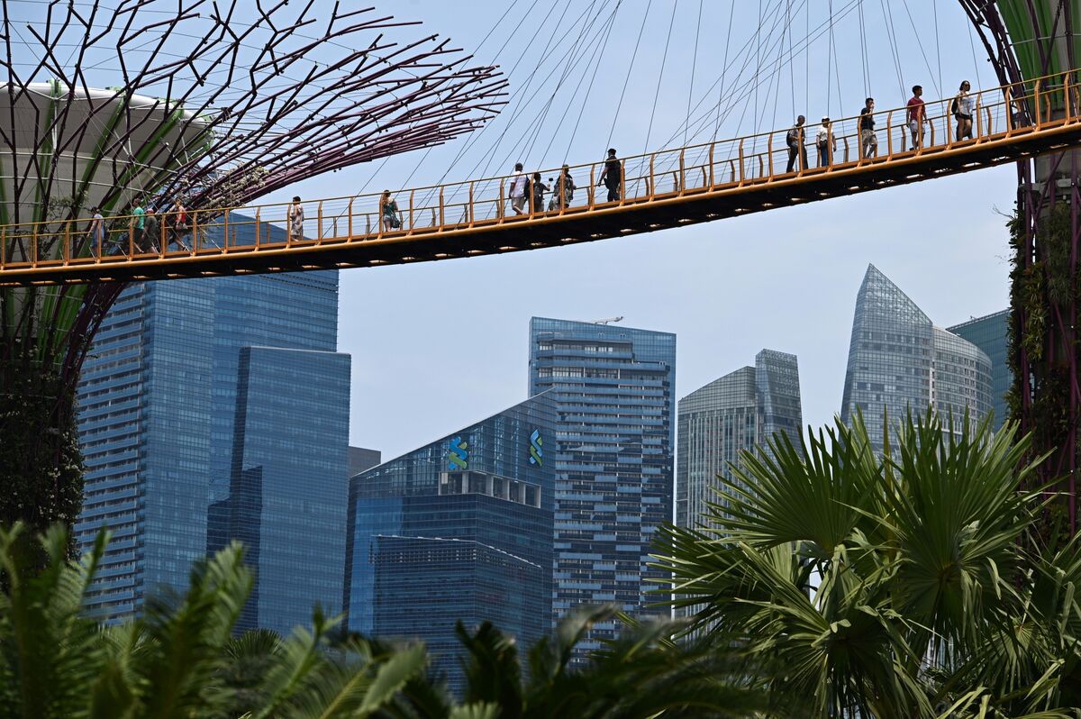 People walk on a skyway with glass skyscrapers in the background and gardens in the foreground