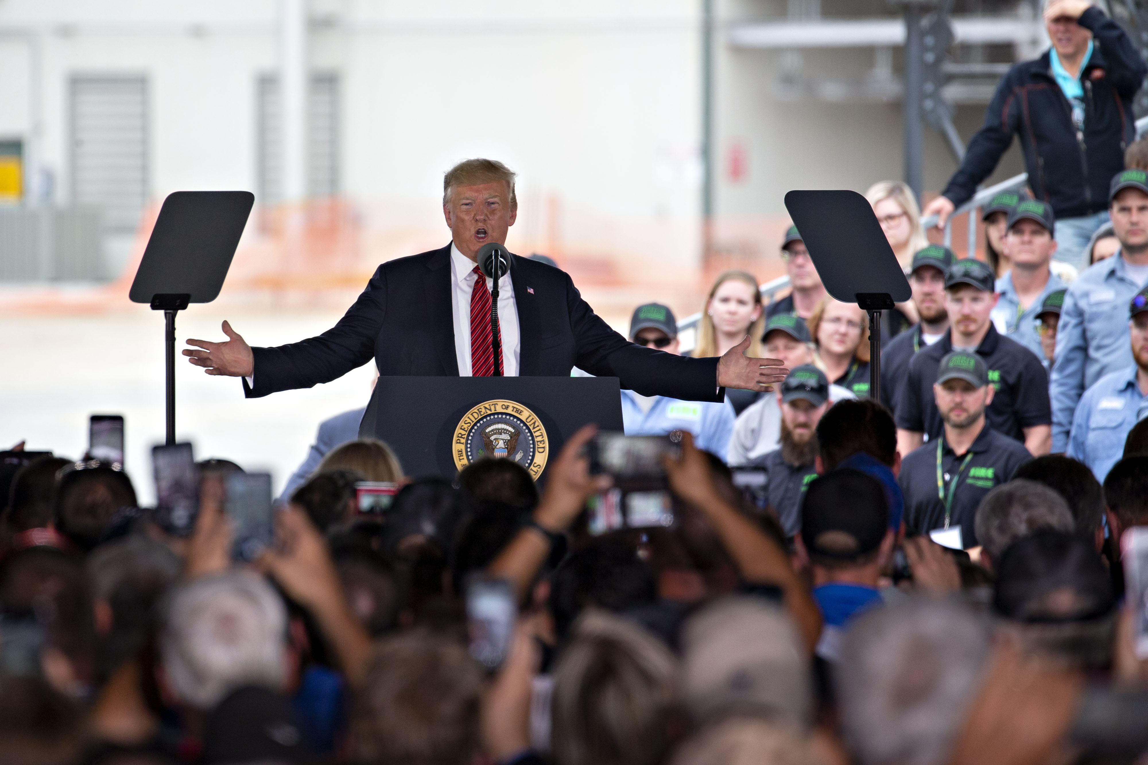 Donald Trump speaks during an event at an ethanol facility in Council Bluffs, Iowa in 2019.