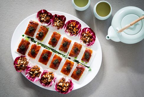 Peking duck is served with caviar. It's one of the most expensive dishes.