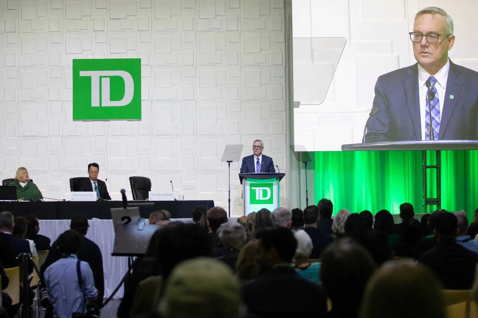 Alan MacGibbon, chair&nbsp;of the board of Toronto-Dominion Bank, speaks during the company's annual meeting in Toronto on Thursday.&nbsp;