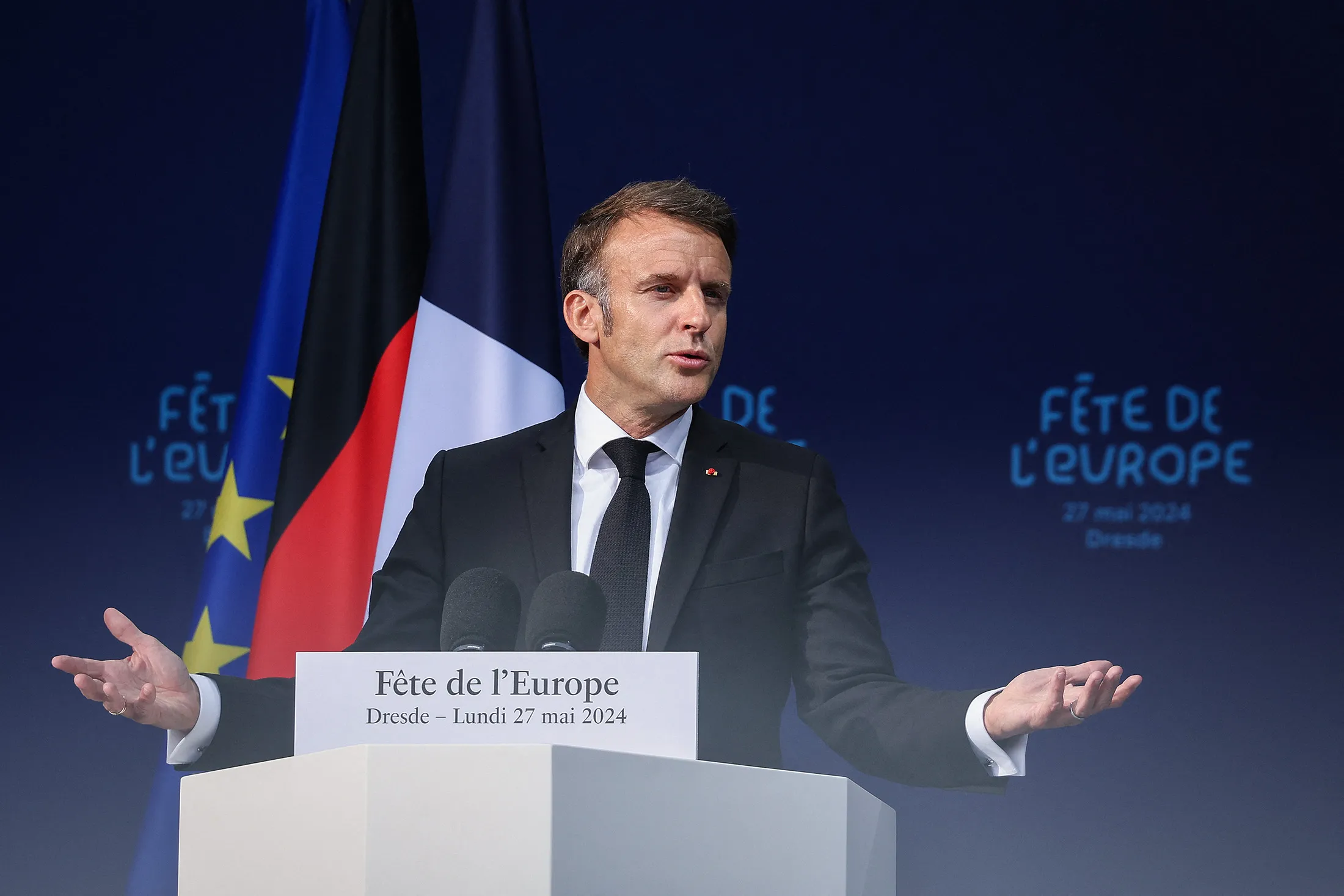 Emmanuel Macron speaks at the Festival of Europe in Dresden, Germany, on May 27.