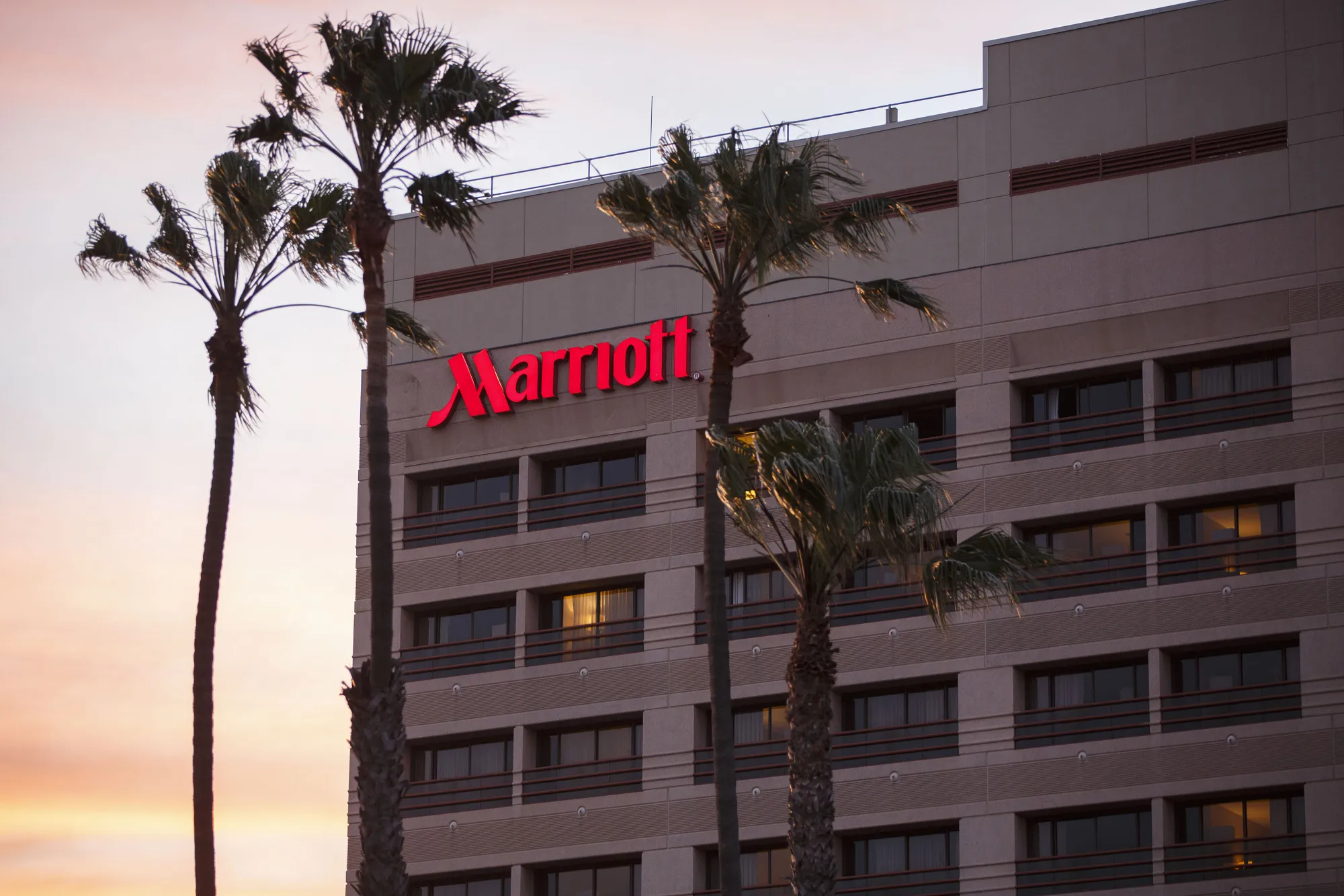 Palm trees stand in front of the Marina Del Rey Marriott hotel in Marina Del Rey, California.