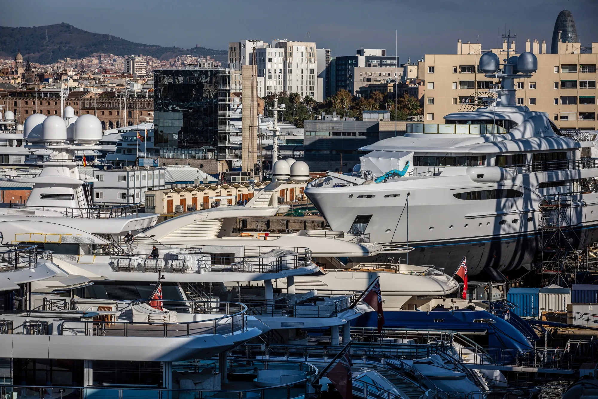 Luxury yachts in&nbsp;the MB92 shipyard in Barcelona, Spain.