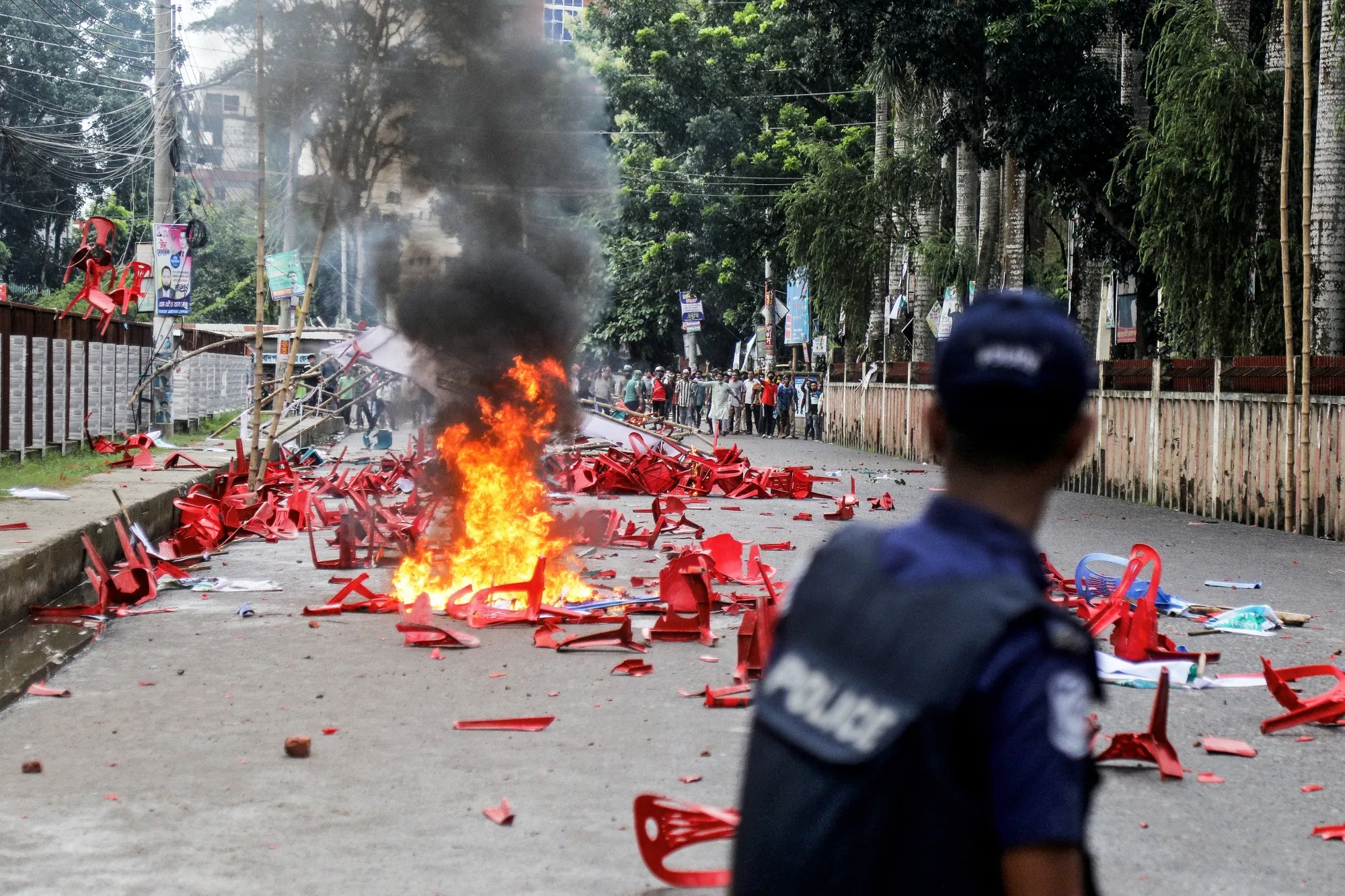 Supporters of former Prime Minister Sheikh Hasina clash with the police in Gopalganj, Bangladesh on July 16.