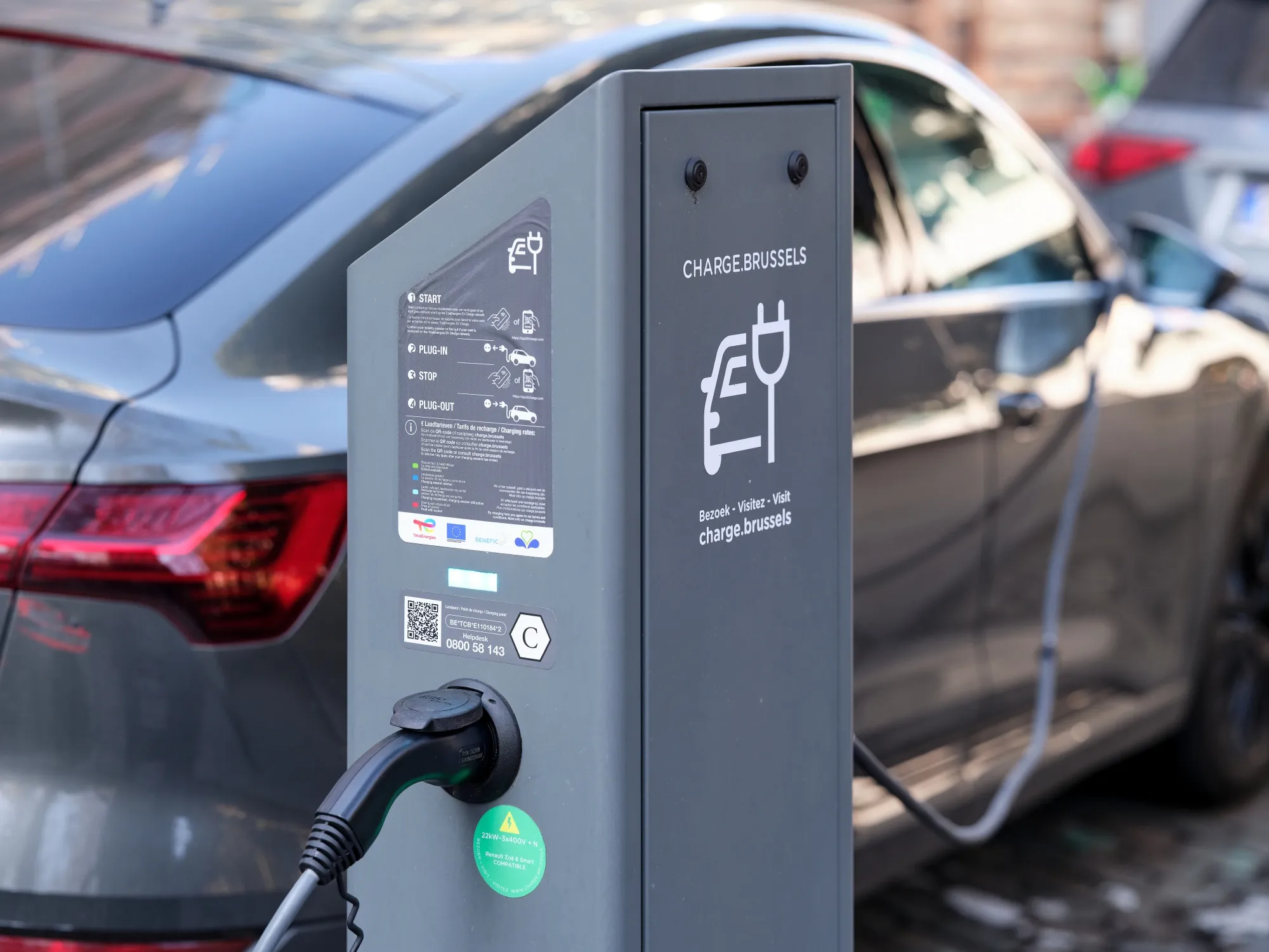 An electric vehicle&nbsp;charging unit on a street in Brussels.