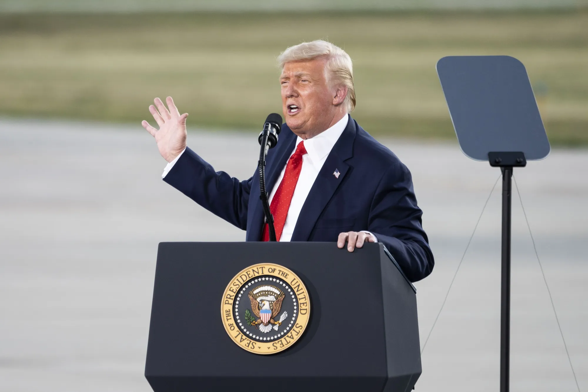 Donald Trump speaks during a campaign rally at Wittman Regional Airport Basler Flight Service Hangar in Oshkosh, Wisconsin, on Aug. 17, 2020.