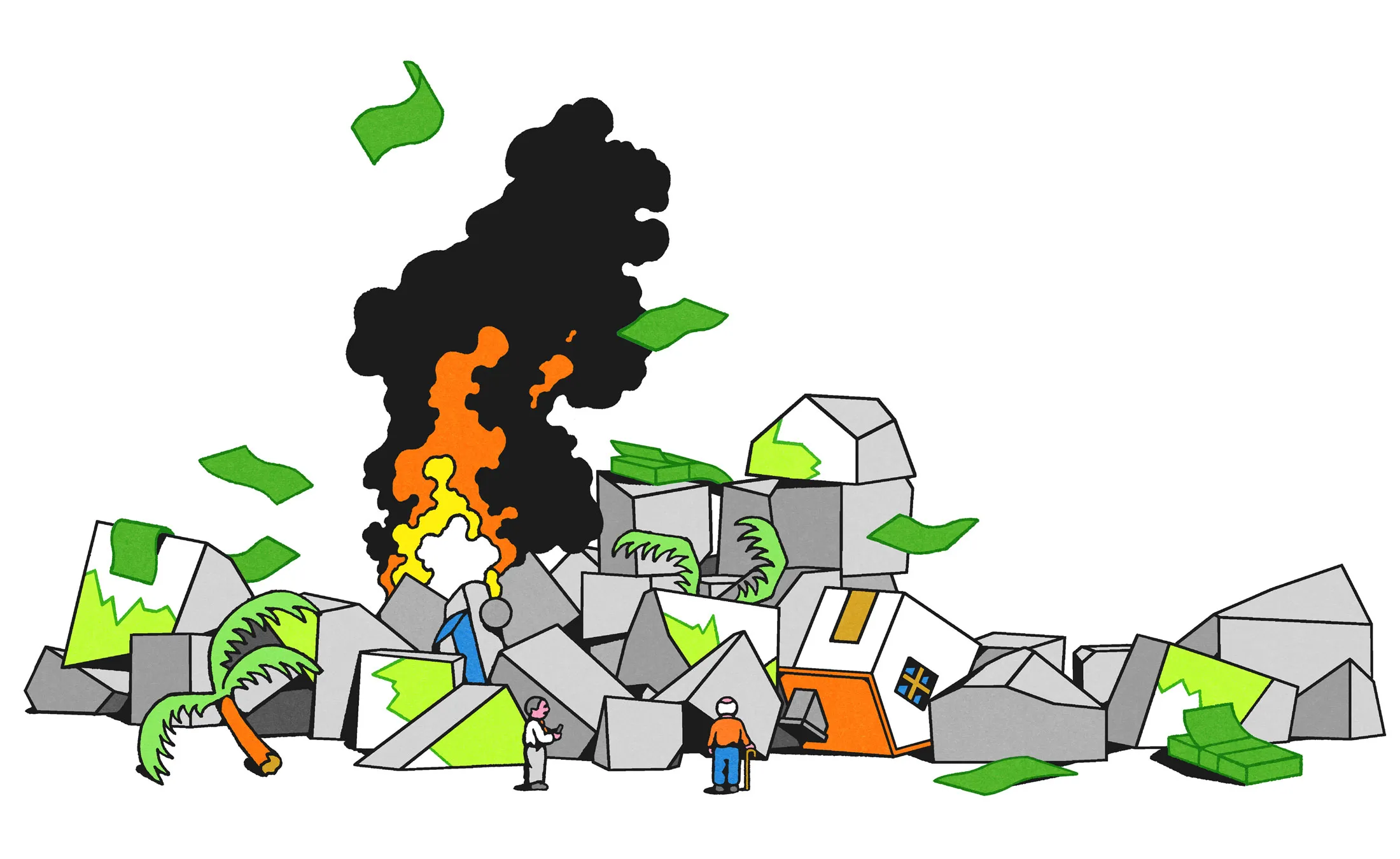 An illustration shows various boxes, houses and money on fire 
