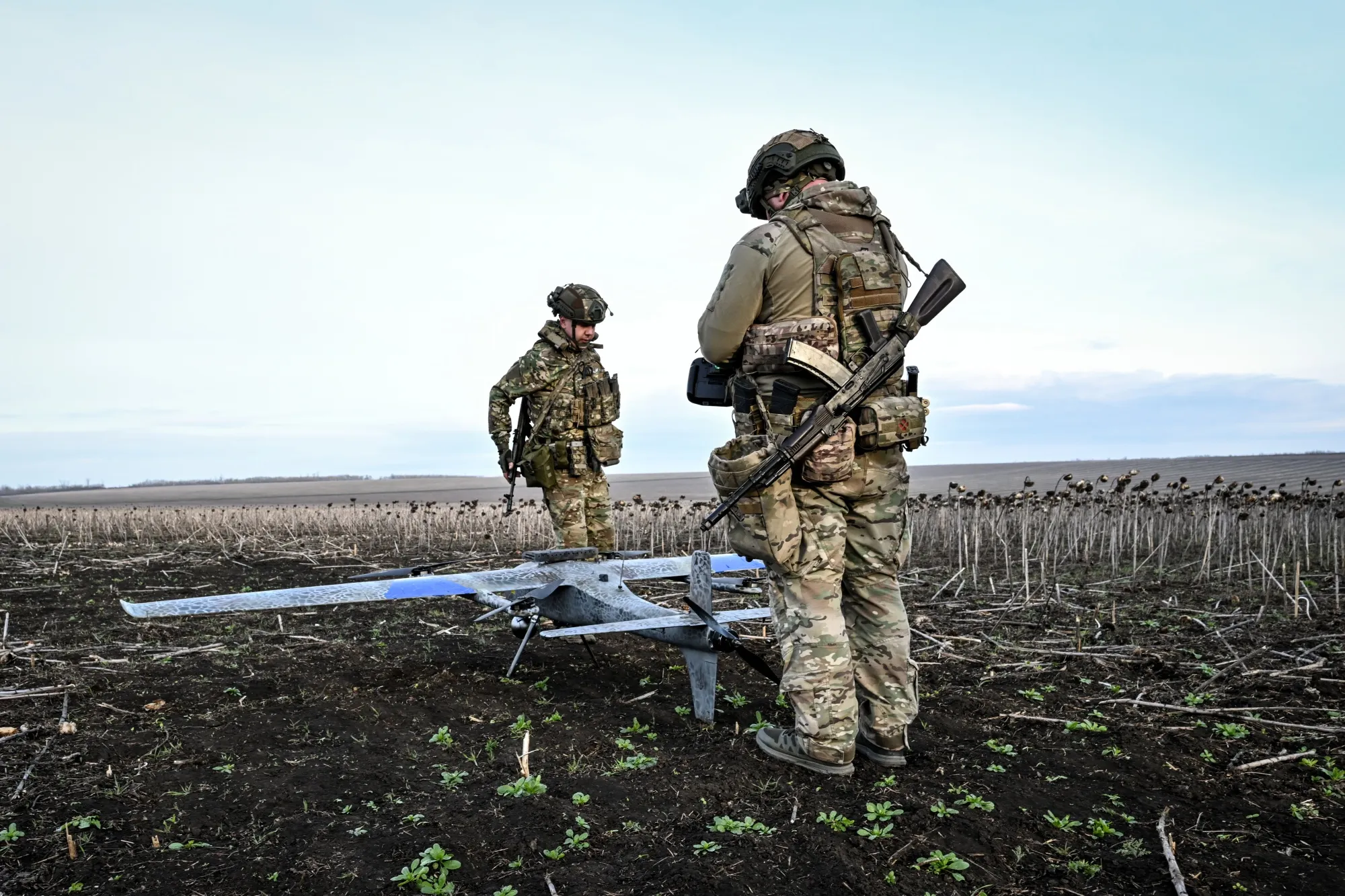 Soldiers prepare a drone for launch in the Zaporizhzhia region, Ukraine, on April 8.&nbsp;
