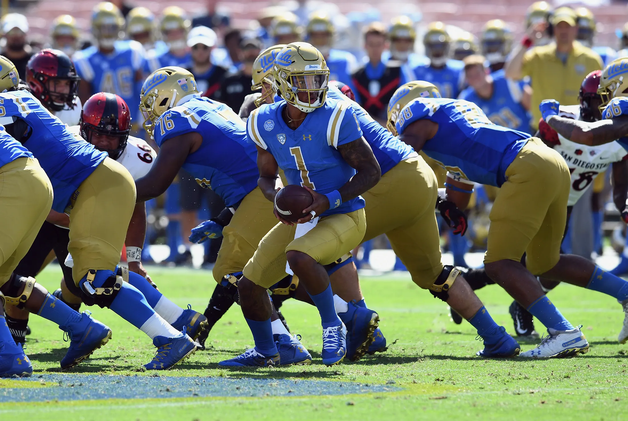 UCLA Bruins football players during a game at the Rose Bowl in Pasadena, California. 