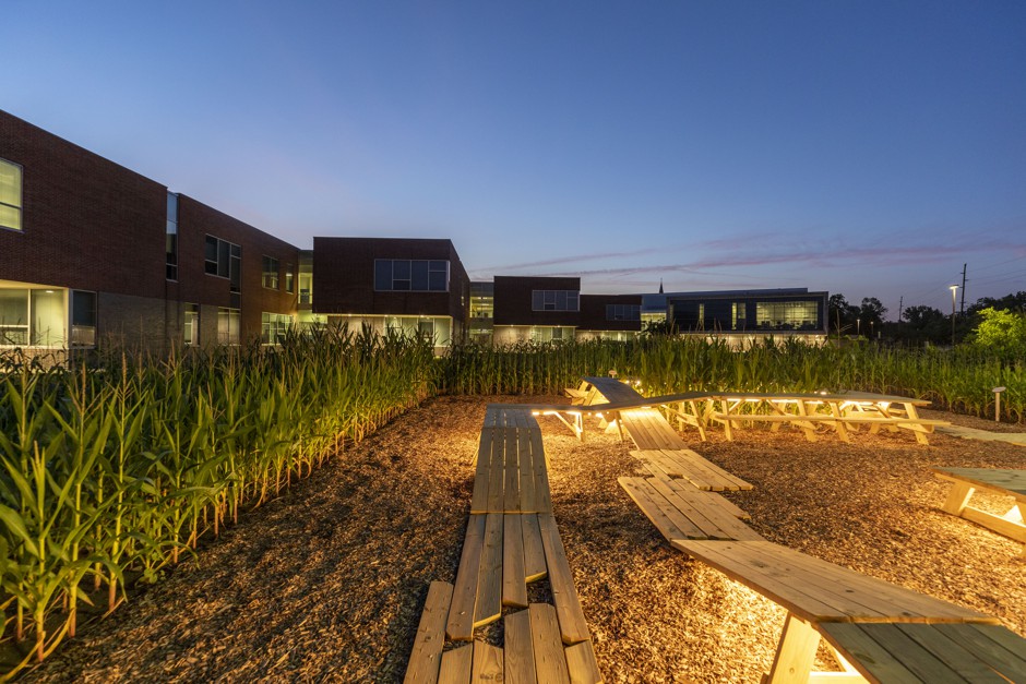 Design by MASS Design Group, Corn/Meal is a corn maze with a twist on the classic picnic table; it’s adjacent to Central Middle School, a project designed by Ralph Johnson of Perkins + Will in 2007.