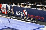 The new USA Gymnastics logo is displayed during the 2022 U.S. Gymnastics Championships in Tampa on Aug. 19.