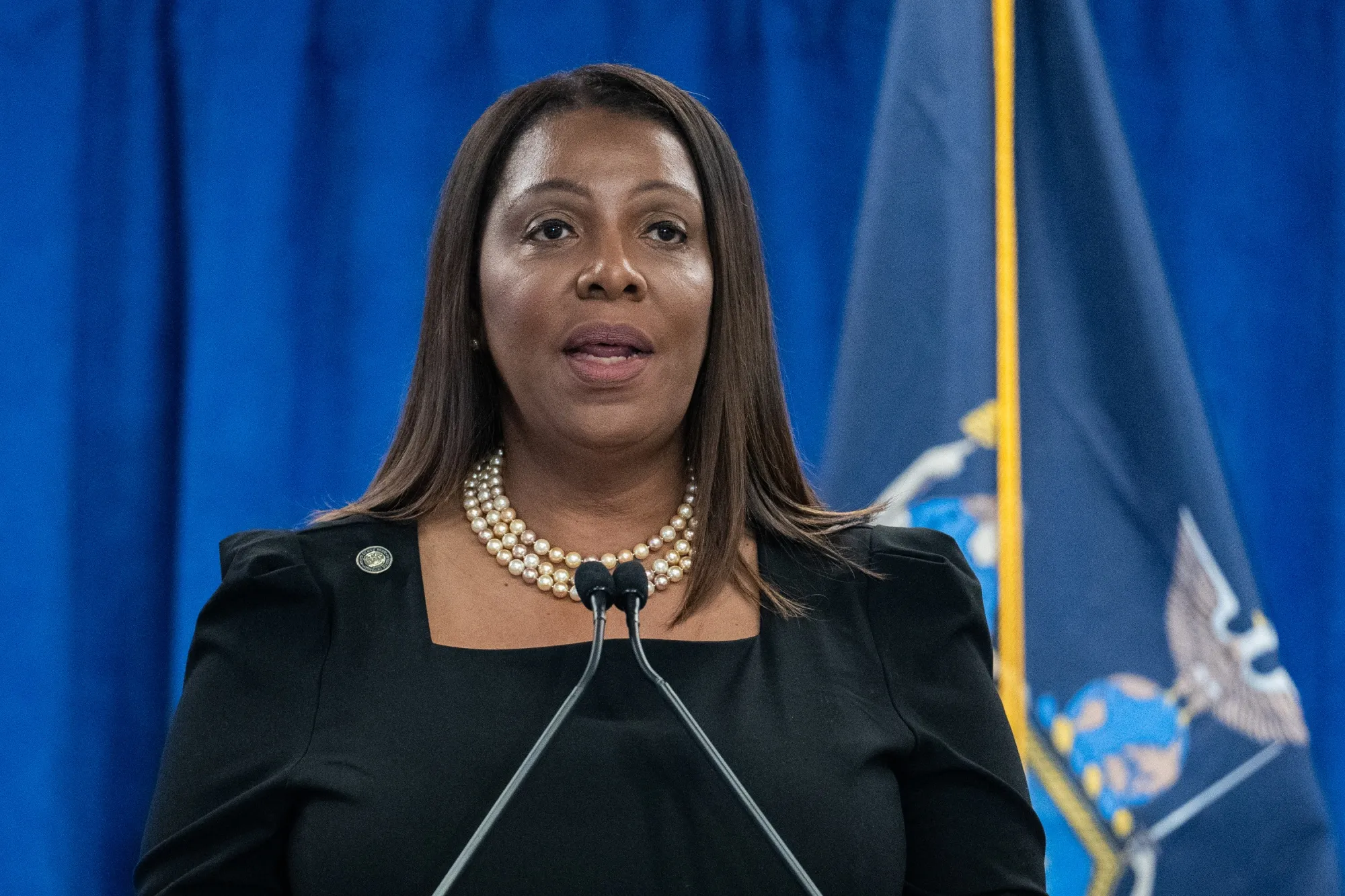 Letitia James, New York's attorney general, speaks during a news conference in New York, US, on Friday, Feb. 16, 2024.