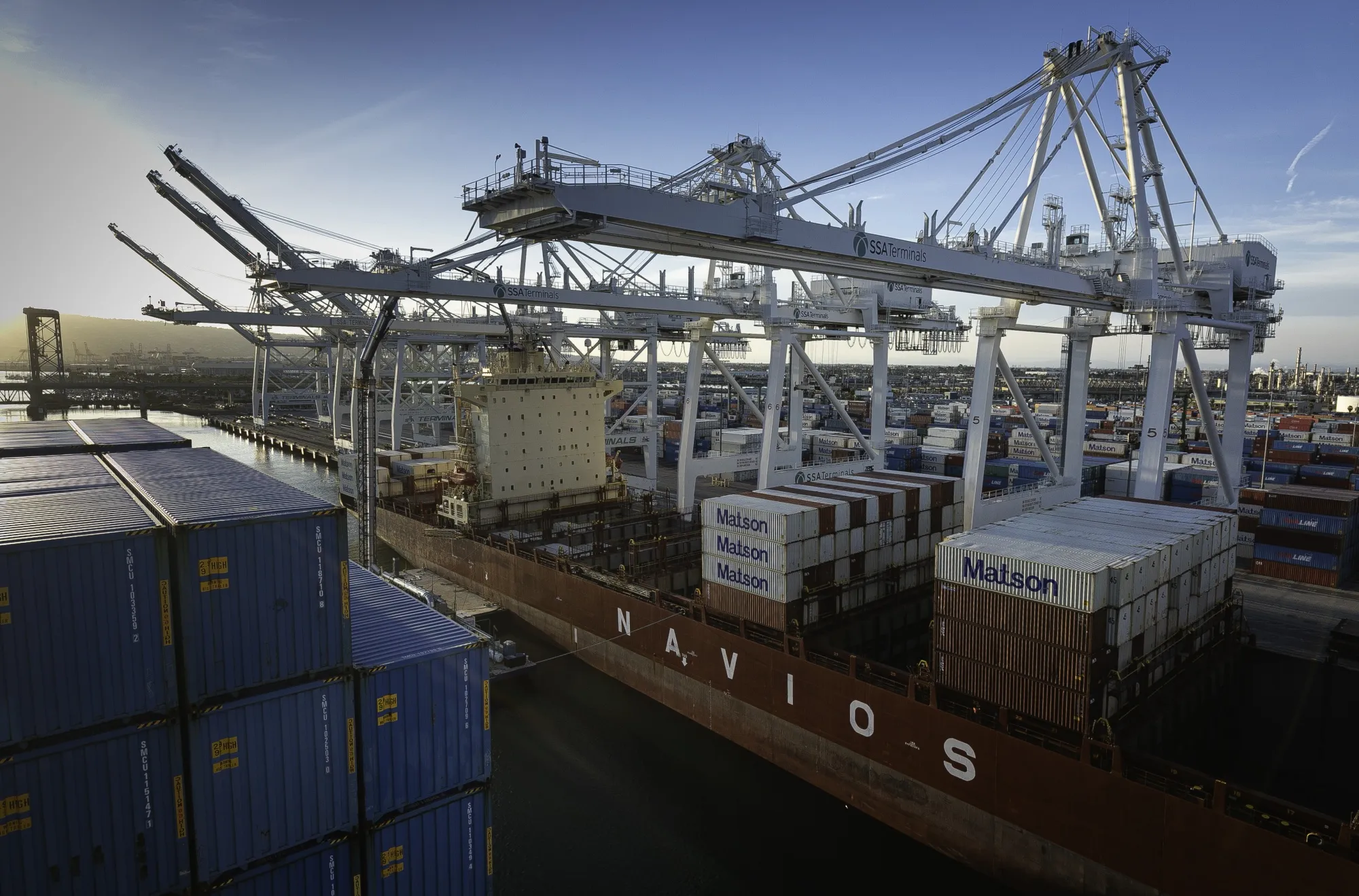 A container ship departs the Port of Long Beach in Long Beach, California.