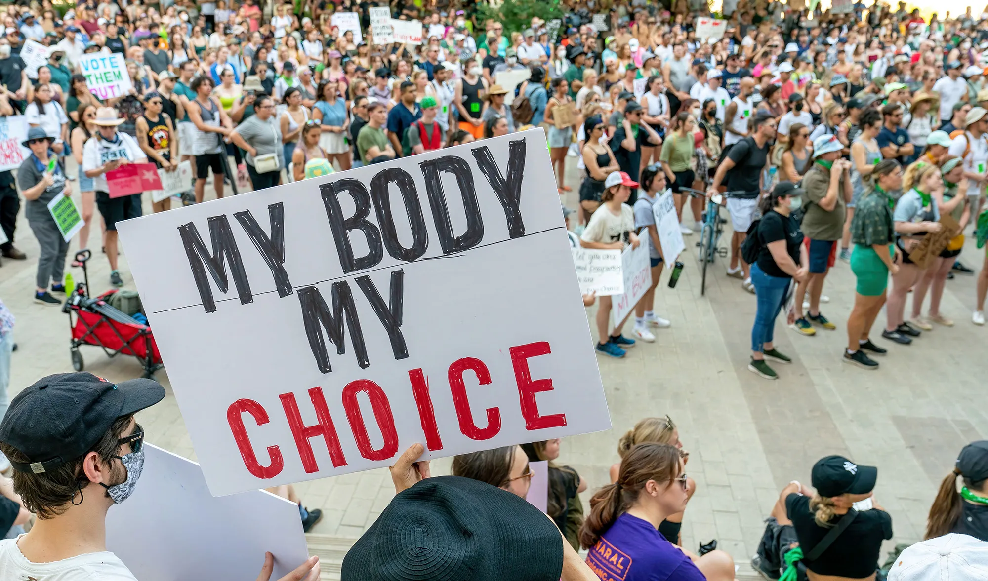 Abortion rights demonstrators march at the Federal Courthouse Plaza in Austin, Texas, on June 24.
