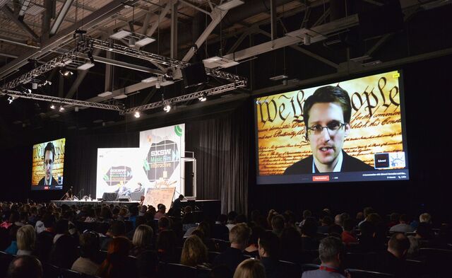 Edward Snowden speaks via videoconference during the 2014 SXSW Music, Film + Interactive Festival in Austin, Texas.
