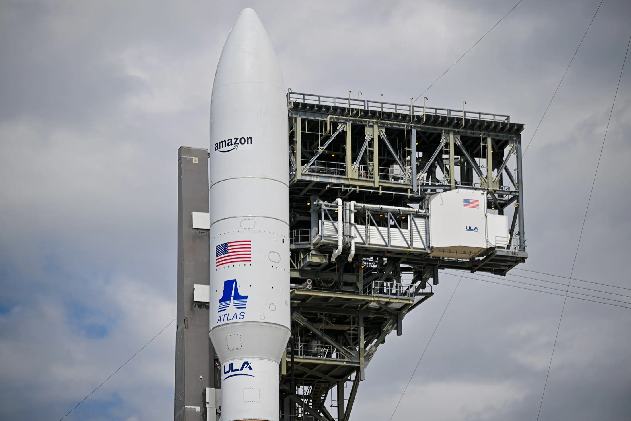 A United Launch Alliance rocket, carrying Amazon Project Kuiper satellites, on the launchpad in Cape Canaveral, Florida in April.