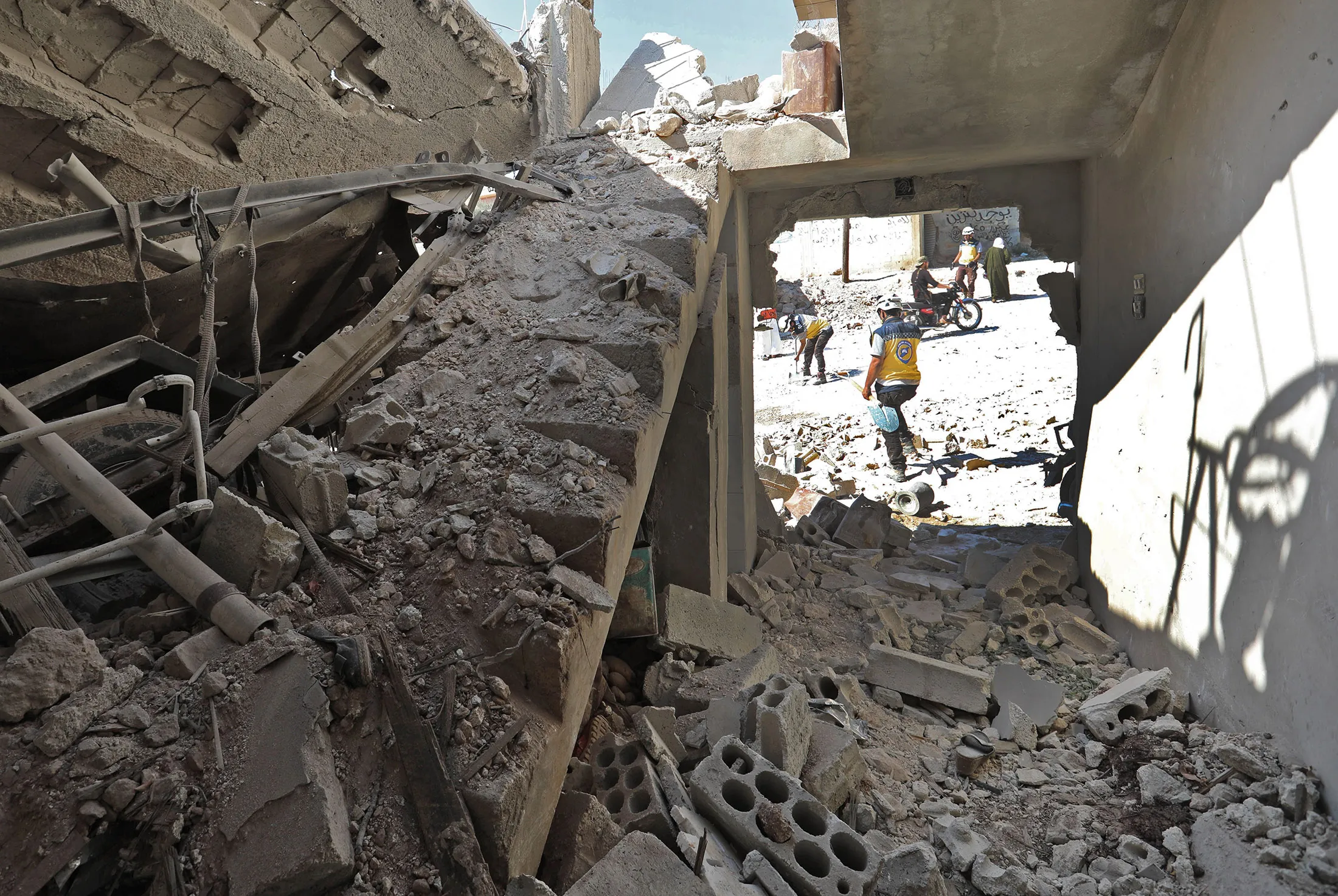 Destruction caused by reported govenrment forces' bombings in the town of Al Habit on the southern edges of the rebel-held Idlib province on Sept. 10.