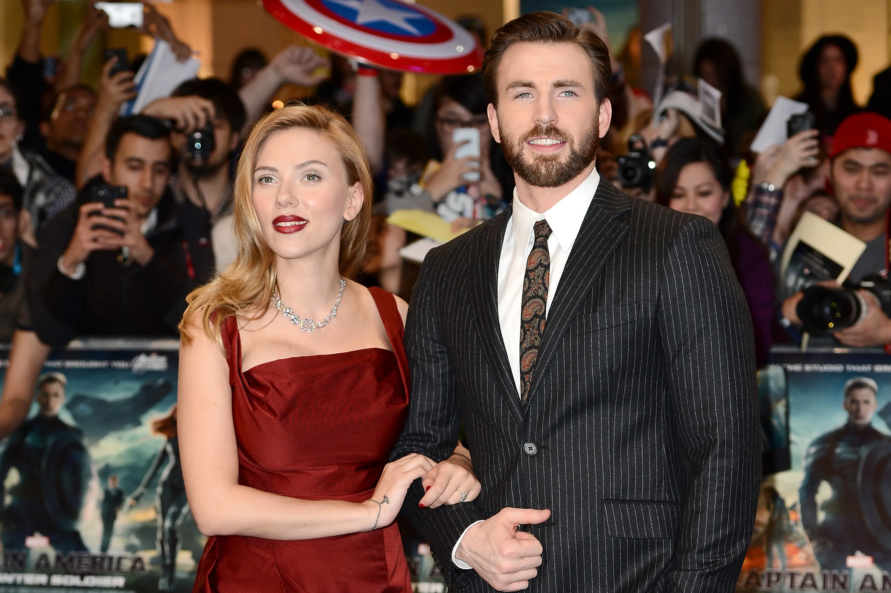 Scarlett Johansson and Chris Evans paired up for the latest cinematic installment of "Capitain America." Photographer: Ian Gavan/Getty Images