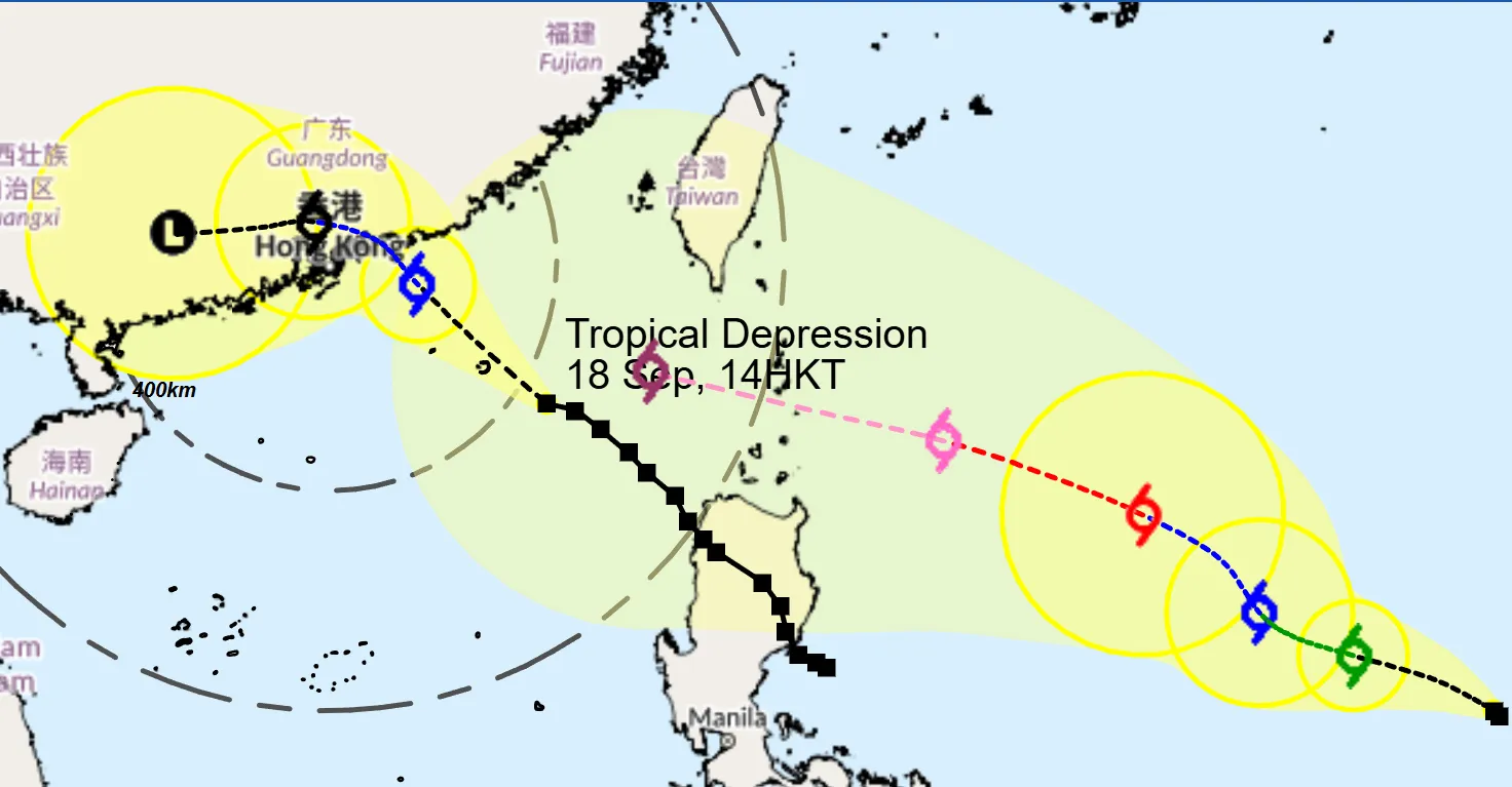 The storm paths for two tropical depressions near Hong Kong.