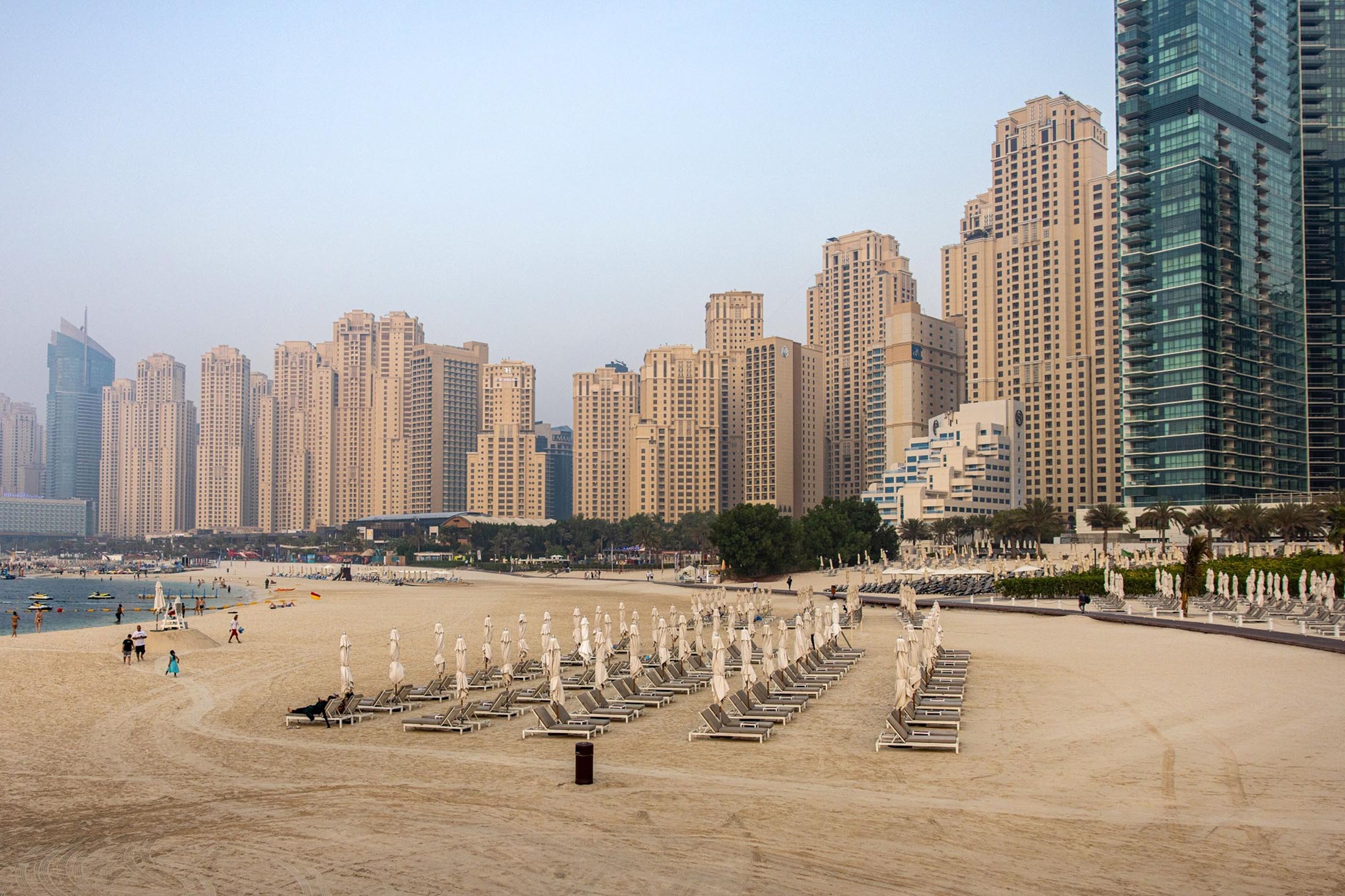 Sunbeds on the beach at Jumeirah Beach Residence in Dubai.&nbsp;