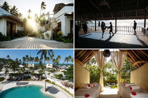 Clockwise from top left: the exterior of a one-bedroom villa; a beachside class; massage alfresco; the main pool.