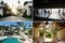 Clockwise from top left: the exterior of a one-bedroom villa; a beachside class; massage alfresco; the main pool.