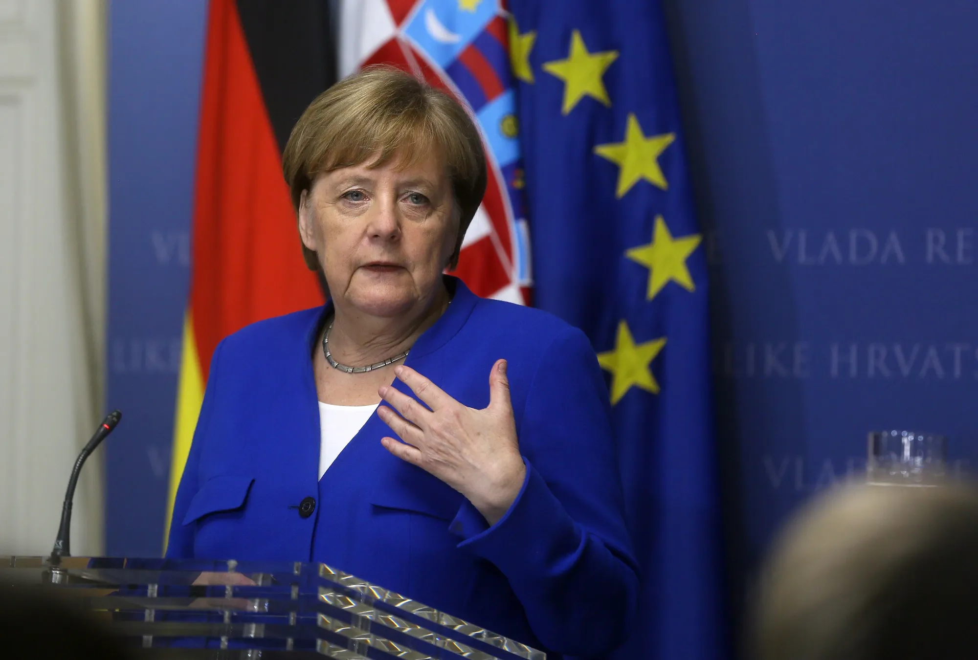 Angela Merkel, Germany's chancellor, speaks&nbsp;in Zagreb, May 18.