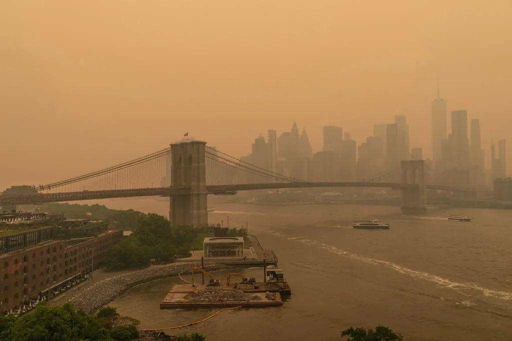A hazy New York skyline as smoke migrated from Canada’s wildfires on June 7.&nbsp;New York City saw more dangerous air days this past June and July than in the same months for the past two decades.&nbsp;&nbsp;