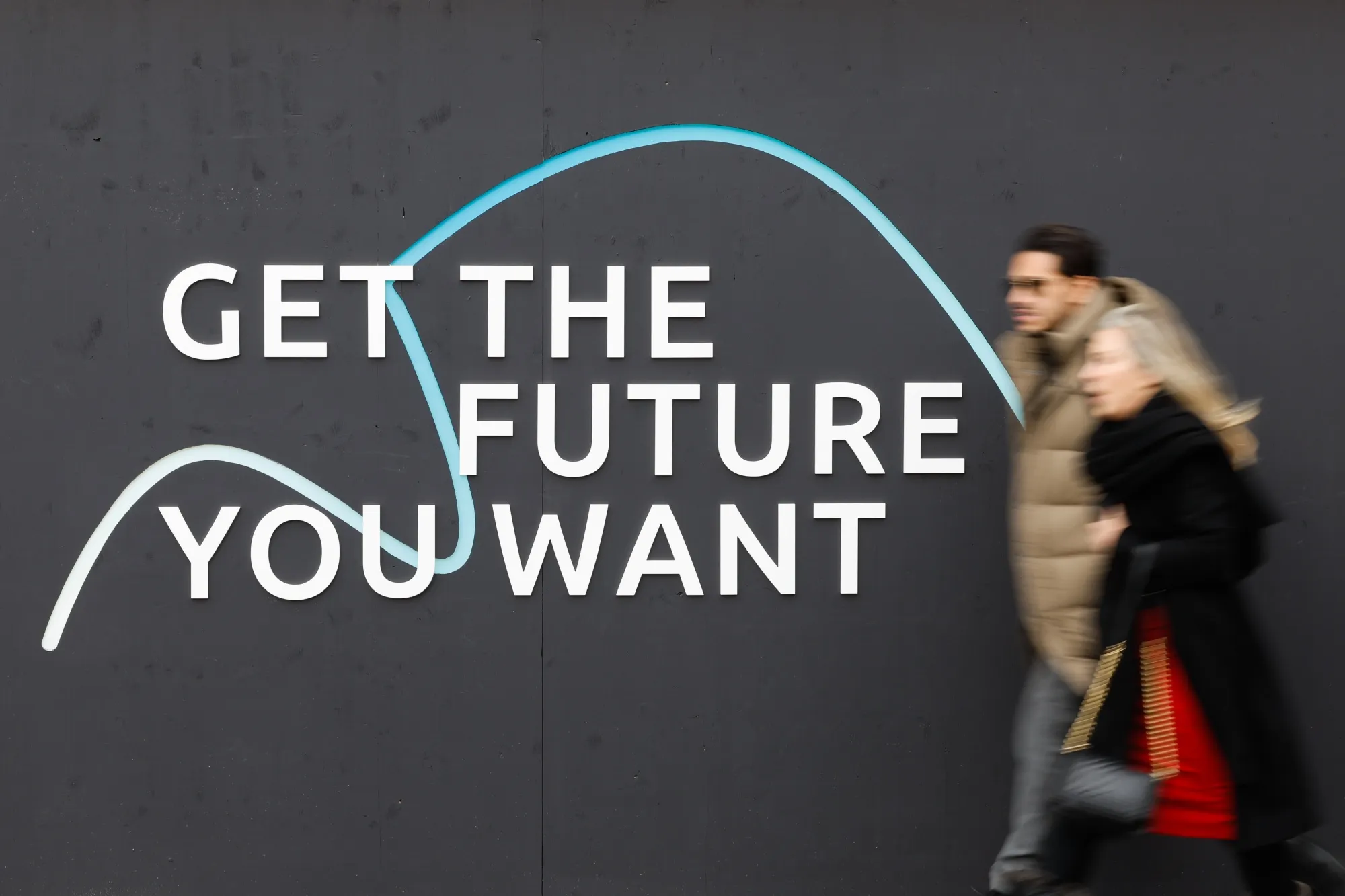 A pavilion with a slogan in Davos, Switzerland, on Monday, Jan. 16, 2023.&nbsp;