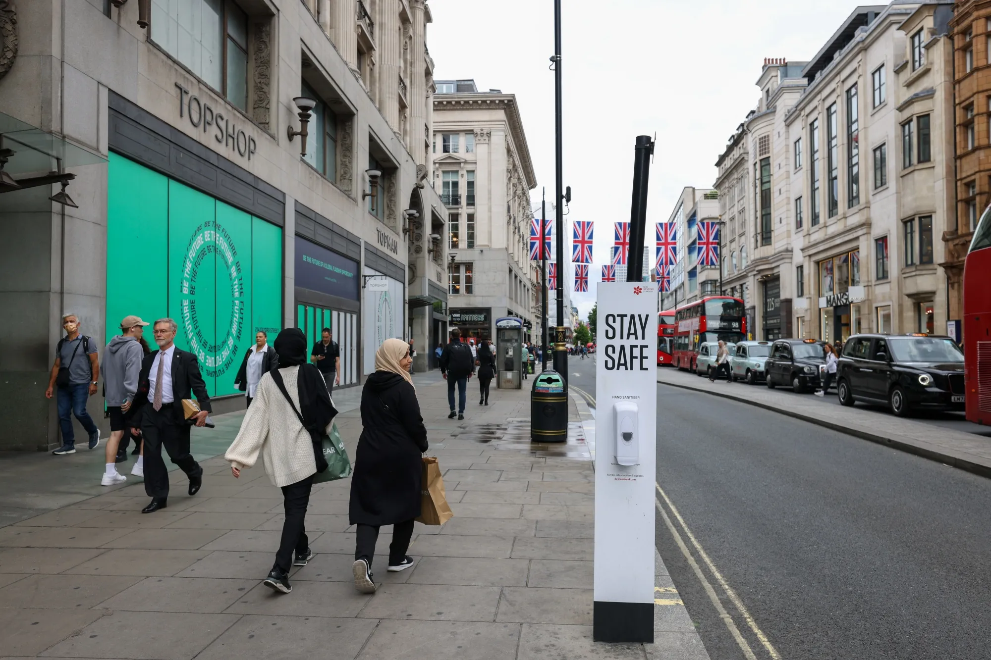 A hand sanitizer dispenser on Oxford Street&nbsp;in central London,&nbsp;on&nbsp;June 29.