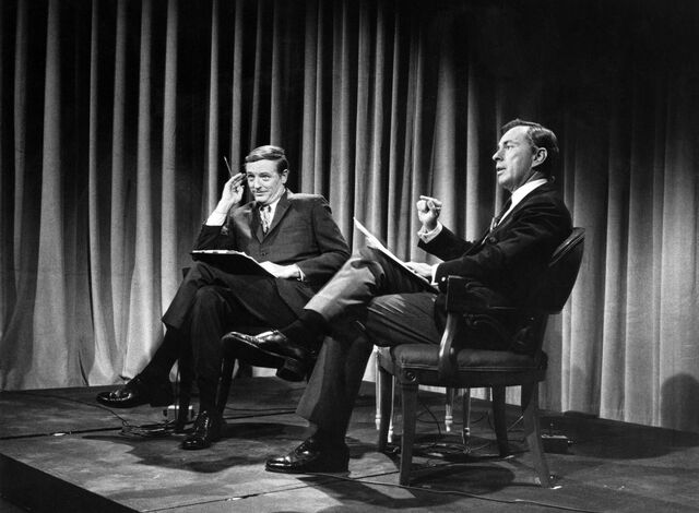 William F. Buckley Jr. (left) and Gore Vidal spar in a 1968 televised debate timed to coincide with the Republican and Democratic conventions.