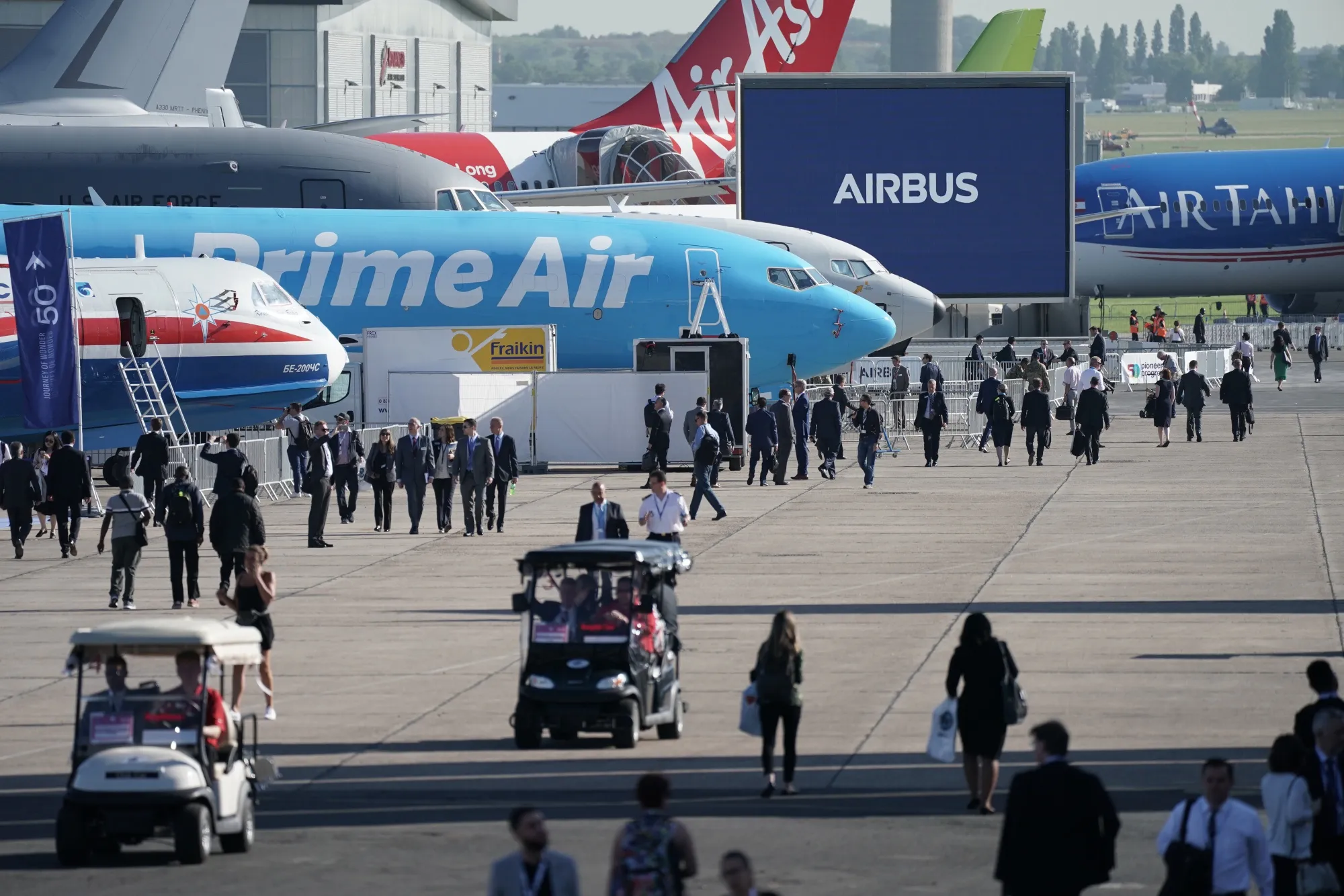 A Prime Air cargo plane operated by Amazon.com sits on display at the Paris Air Show in June 2019.