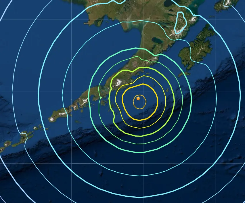A United States Geological Survey “shake map” of the&nbsp;earthquake off the Alaska peninsula on July 29.