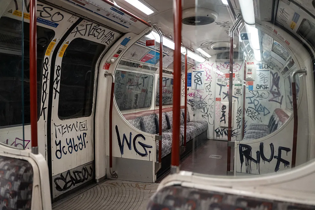 Graffiti covers part of a train carriage on the Bakerloo Line on June 16, 2025, in London, England.