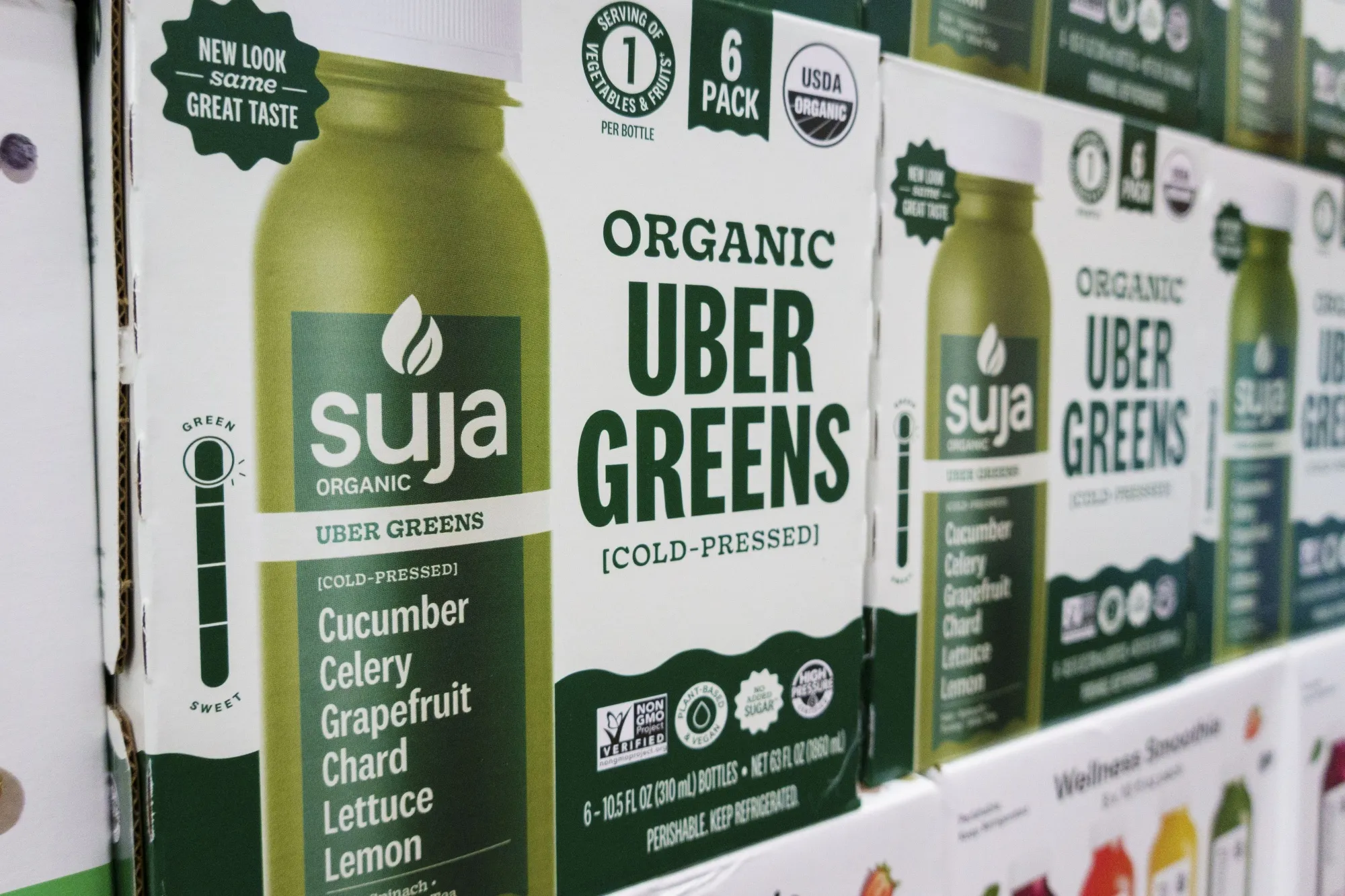 Suja Organic Uber Greens cold-pressed juice drinks at a store in San Diego.