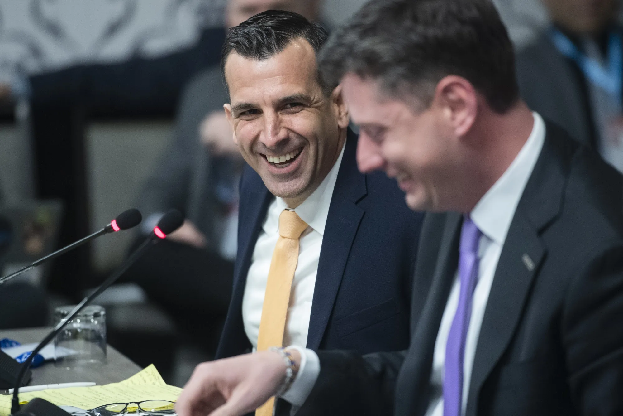 Oklahoma City Mayor David Holt, right, emphasized equity in his state-of-the-city speech this year, saying, “It is an increasing priority that economic growth in our city be equitable.” San Jose Mayor Sam Liccardo, left, talked about increasing surveillance in pedestrian areas to prevent crime.&nbsp;