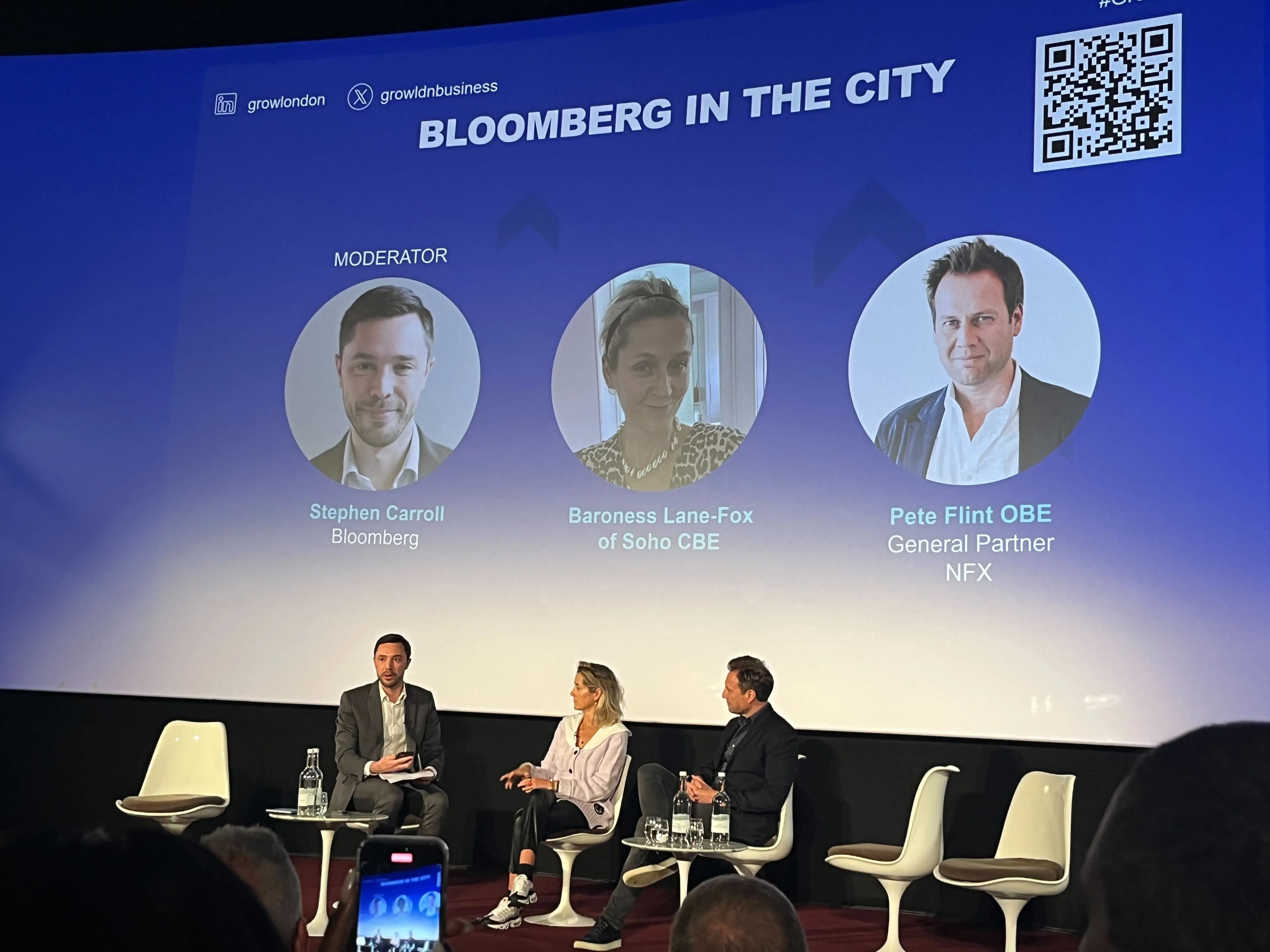 From left, Bloomberg’s Stephen Carroll, British Chambers of Commerce President Martha Lane-Fox and&nbsp;NFX General Partner&nbsp;Pete Flint at the Grow London summit on Nov. 9.&nbsp;