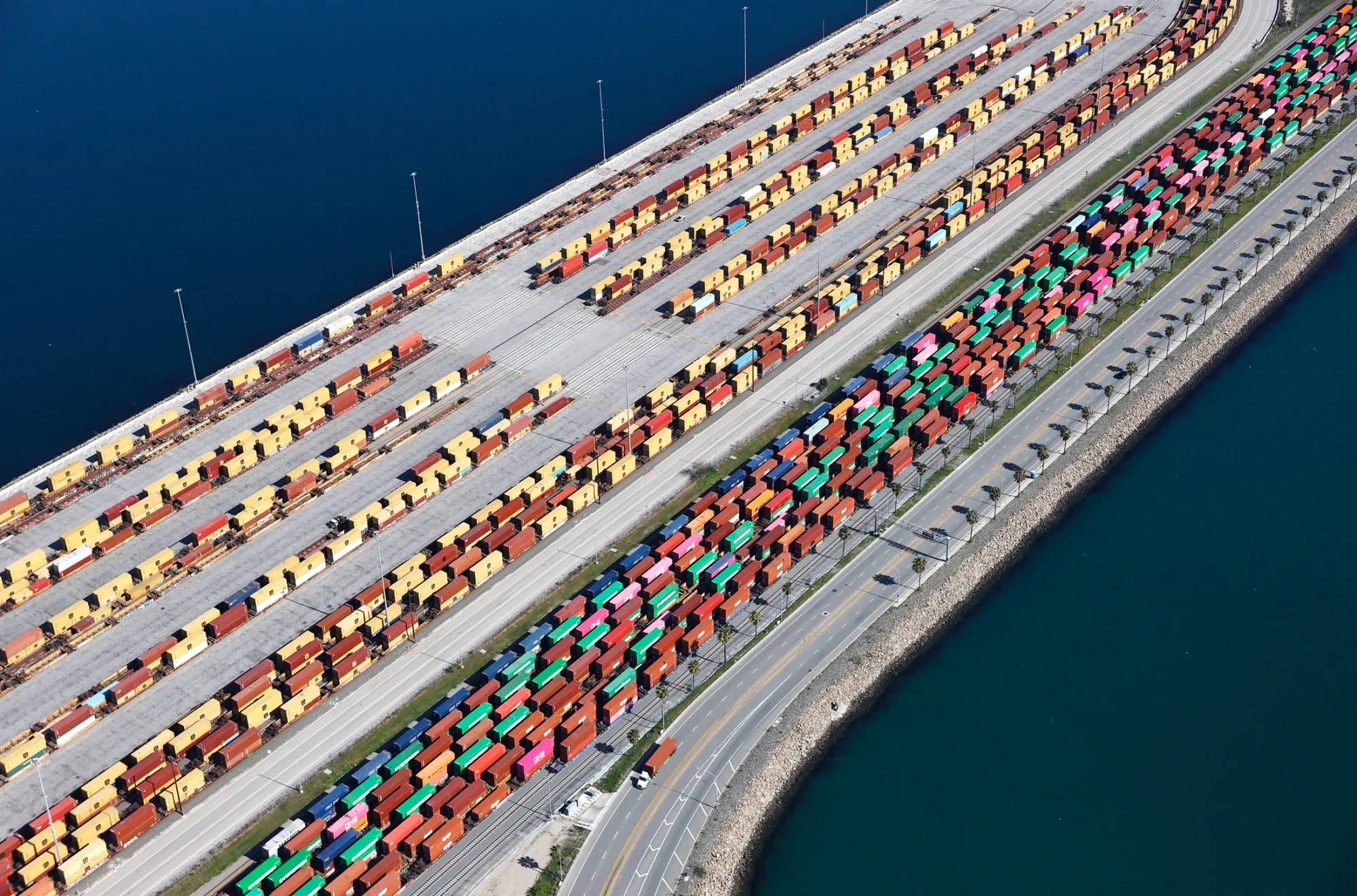 Shipping containers stacked on rails cars at the Port of Los Angeles in April.
