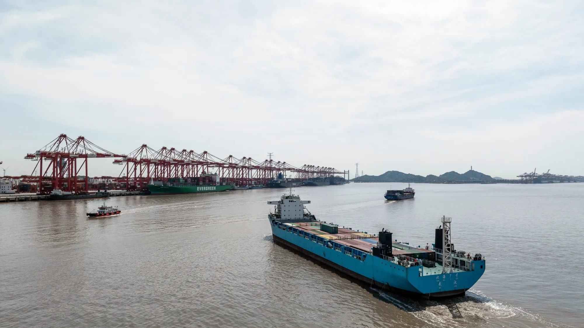 Gantry cranes and container ships at the Yangshan Deepwater Port in Shanghai.