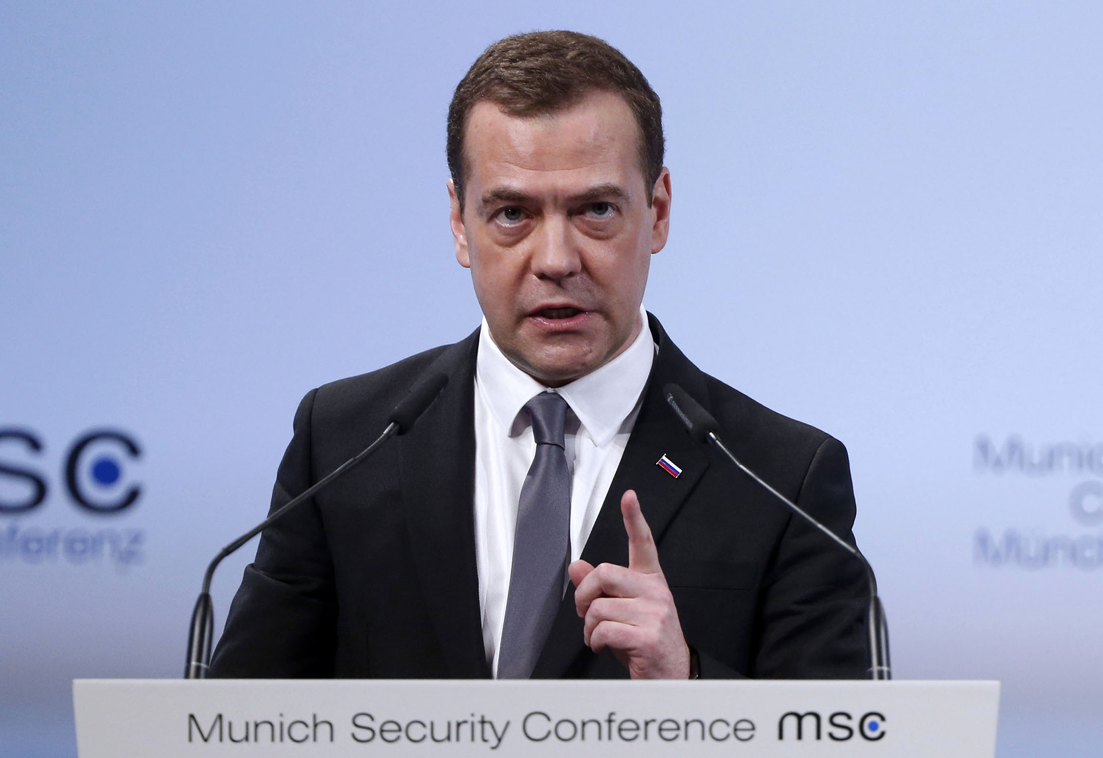 Russia's Prime Minister Dmitry Medvedev speaks during the 52nd Munich Security Conference .
