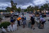 Sand bags at City Hall in Palm Springs, CA.