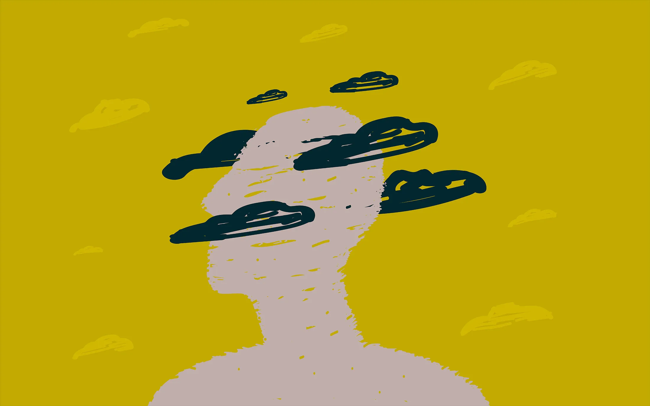 A black silhouette of a head surrounded by clouds, a symbol of post-Covid syndrome, brain fog.&nbsp;