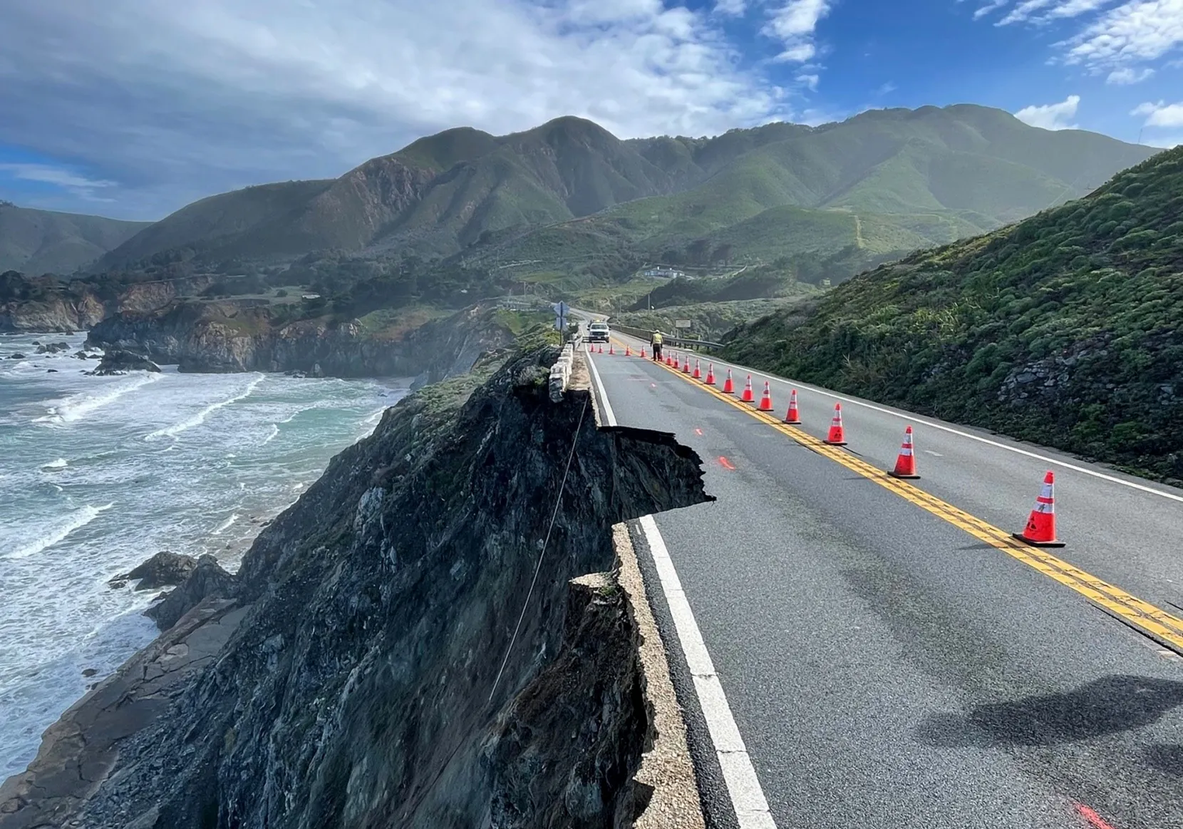 Highway One after a portion of the road collapsed into the Pacific Ocean in Monterey County, California, in March 2024.