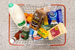 A basket of staple food items at a supermarket in Christchurch, UK.