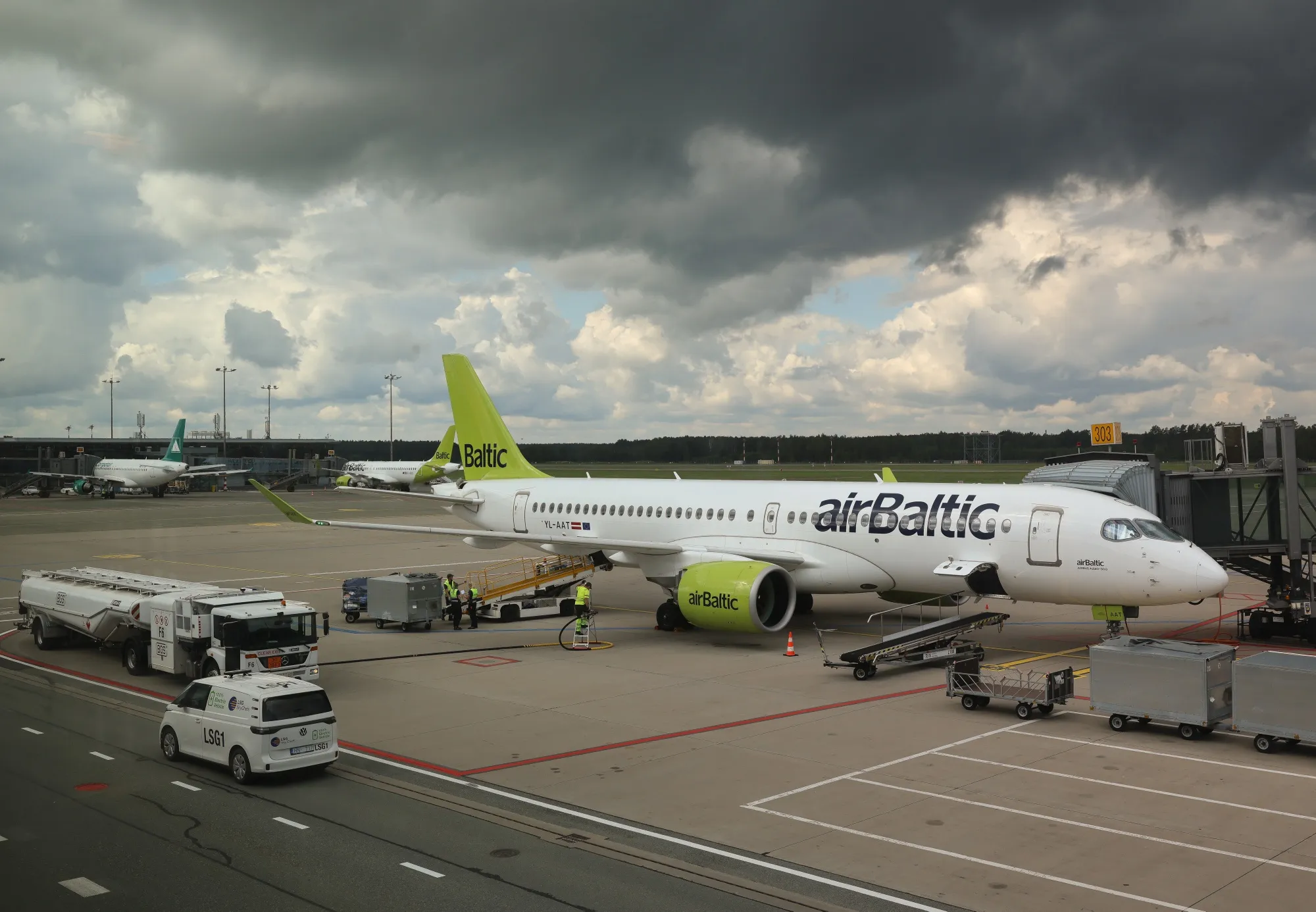 A passenger jet, operated by Air Baltic Corp., at Riga International Airport, in Riga.