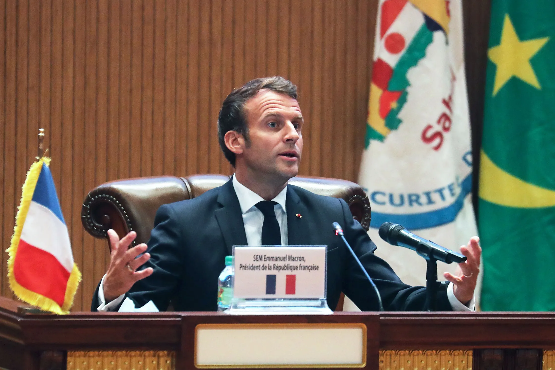 Emmanuel Macron speaks during the closing press conference at the G5 Sahel summit in Nouakchott on June 30.