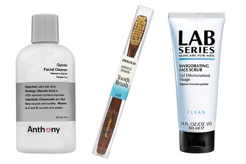 From left: Anthony Glycolic Facial Cleanser; Swissco Natural Bristle Toothbrush; Lab Series Invigorating Face Scrub