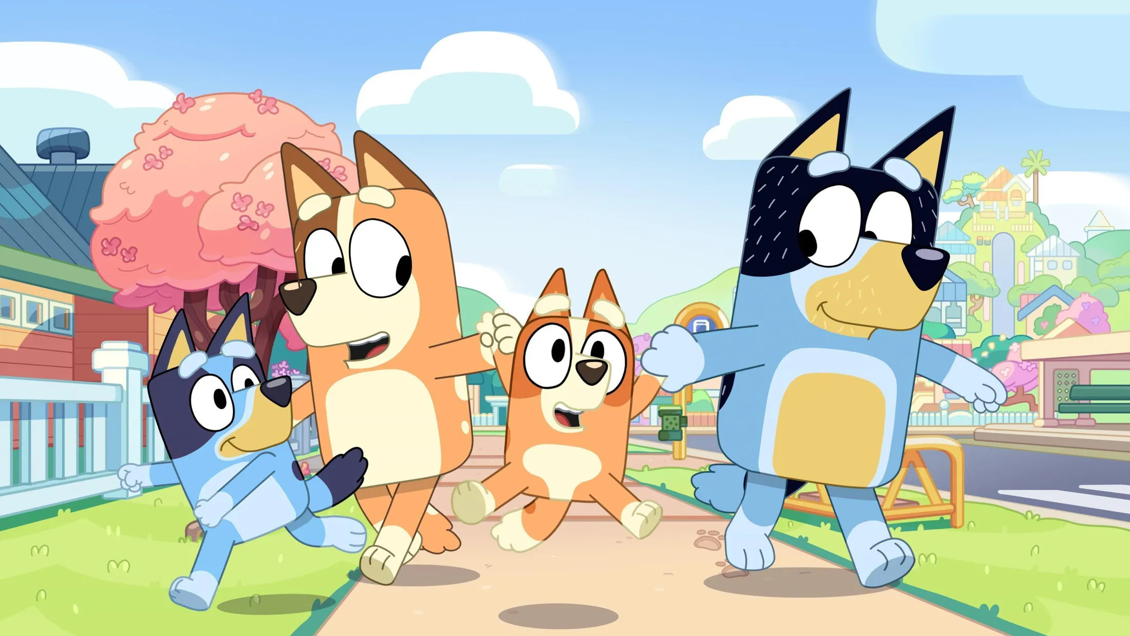 Bluey (left) and the rest of the Heeler family.